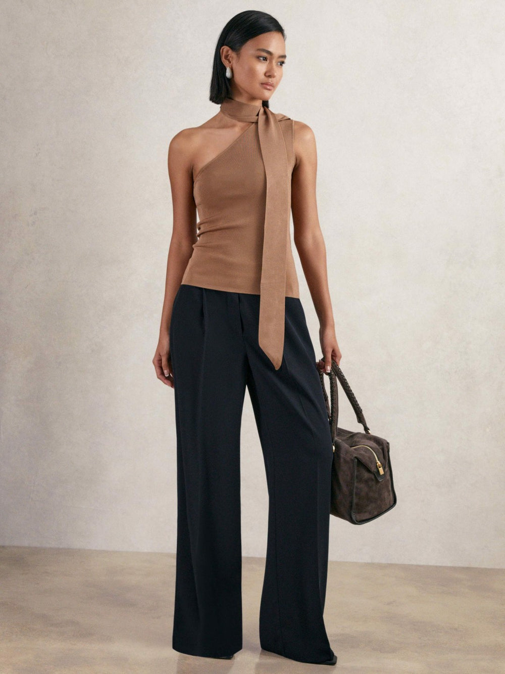 Reiss | Petite Elasticated-Waist Wide-Leg Twill Trousers in Navy