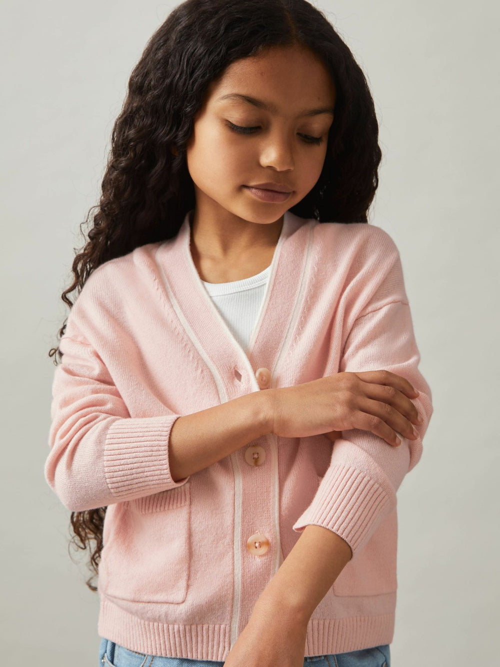 Reiss | 9-13 yrs Wool-Blend Tipped Cardigan in Pink