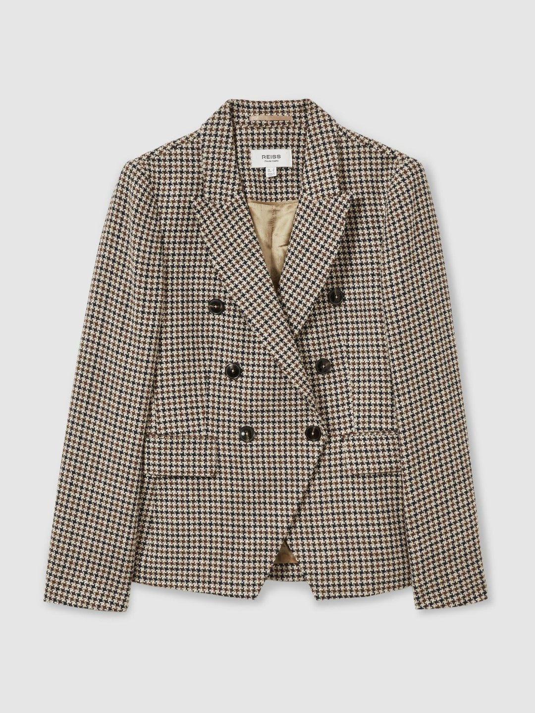 Reiss | Cotton-Linen Double-Breasted Houndstooth-Check Blazer in Navy Neutral Check