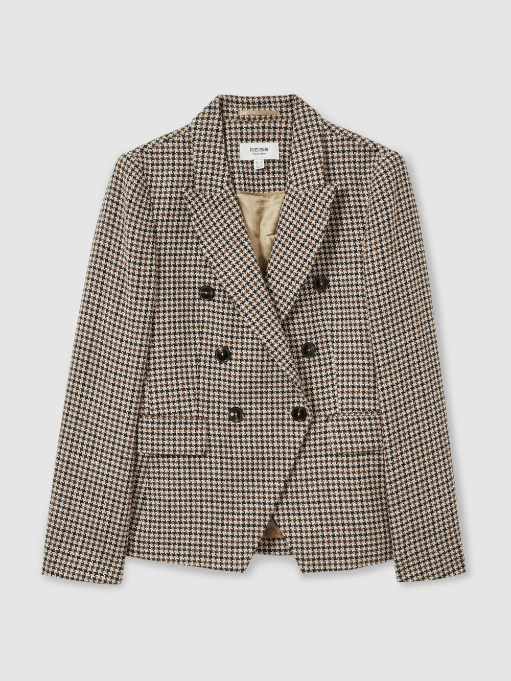 Reiss | Cotton-Linen Double-Breasted Houndstooth-Check Blazer in Navy Neutral Check