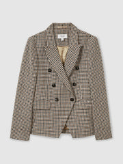 Reiss | Cotton-Linen Double-Breasted Houndstooth-Check Blazer in Navy Neutral Check