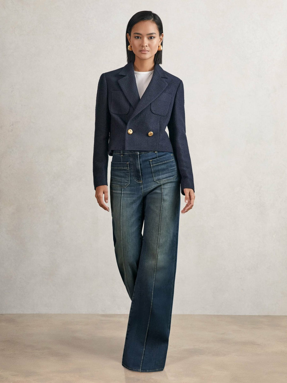 Reiss | Petite Patch-Pocket Flared Jeans in Mid Blue