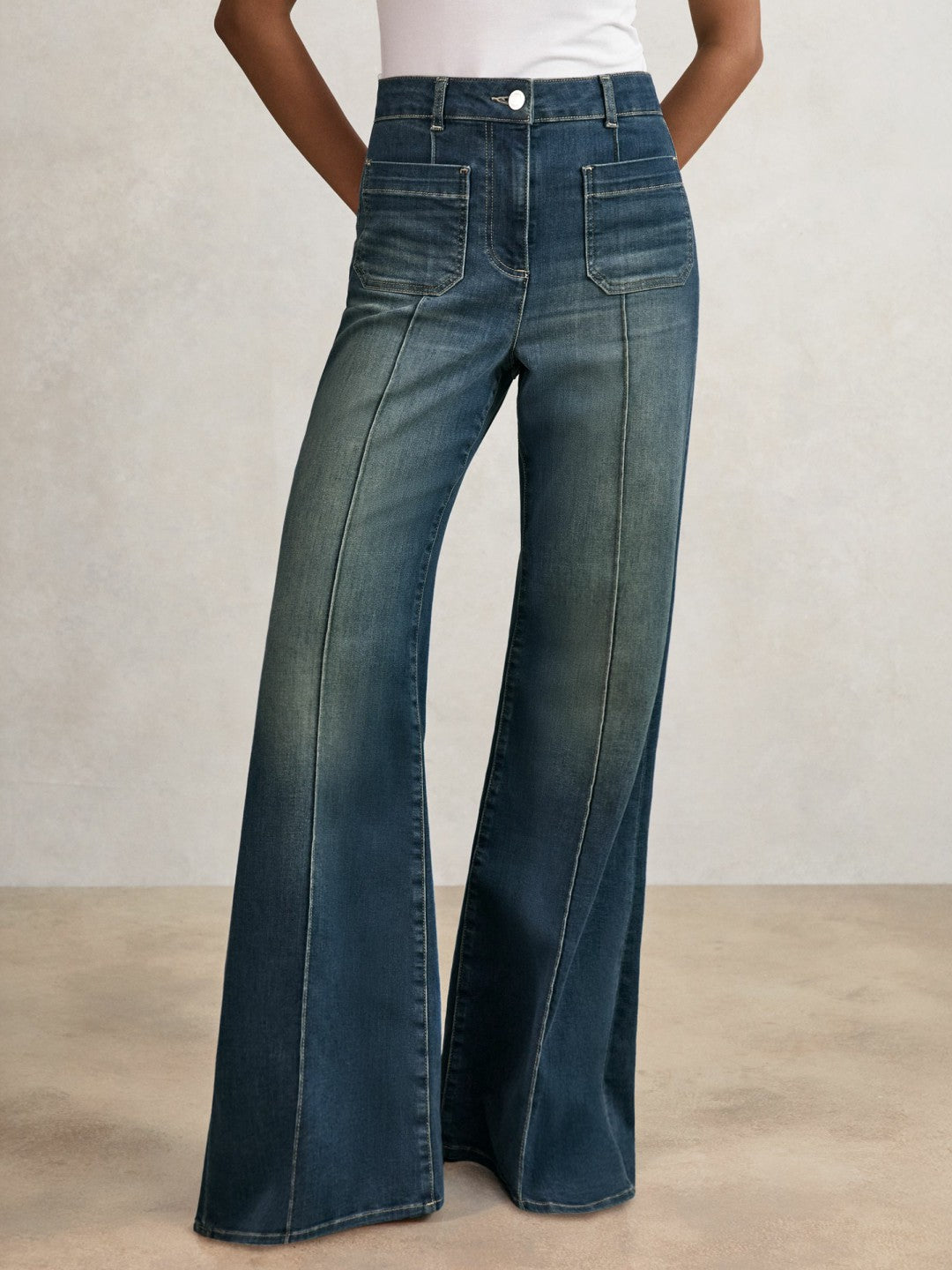 Reiss | Petite Patch-Pocket Flared Jeans in Mid Blue