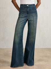Reiss | Petite Patch-Pocket Flared Jeans in Mid Blue
