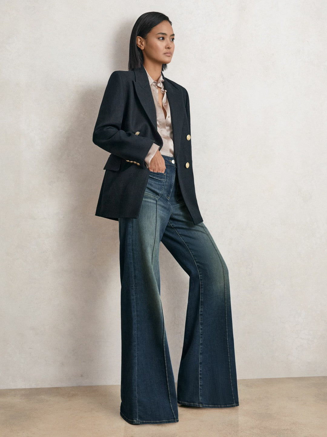 Reiss | Petite Patch-Pocket Flared Jeans in Mid Blue