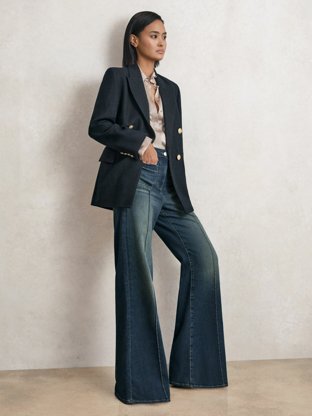 Reiss | Petite Patch-Pocket Flared Jeans in Mid Blue