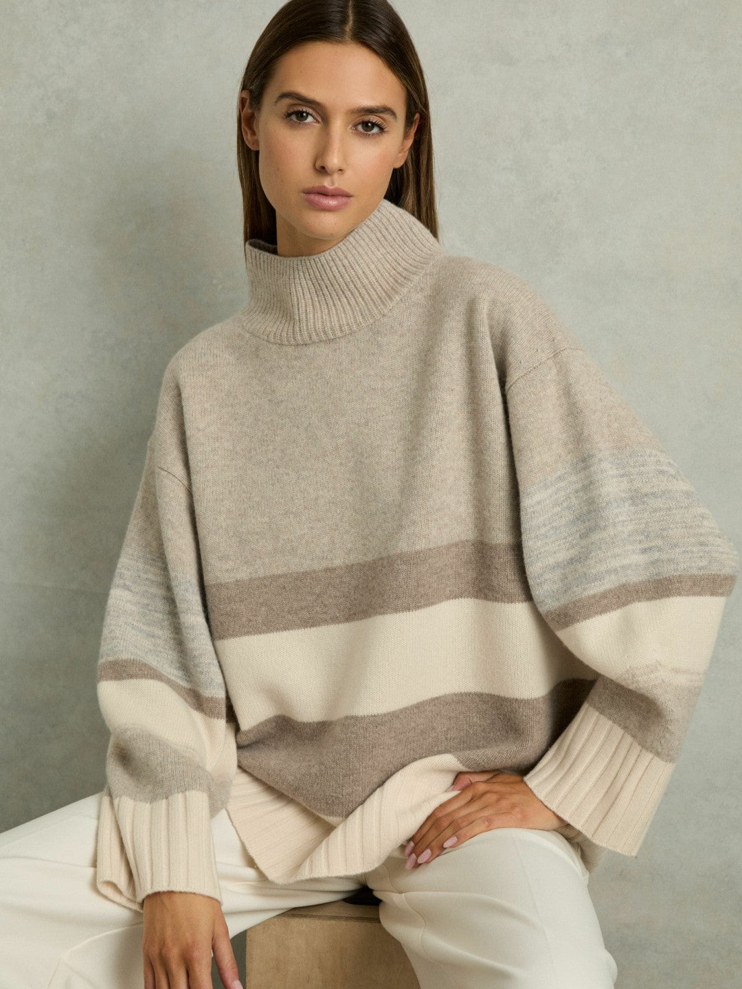 Reiss | Wool Funnel-Neck Striped Jumper in Neutral