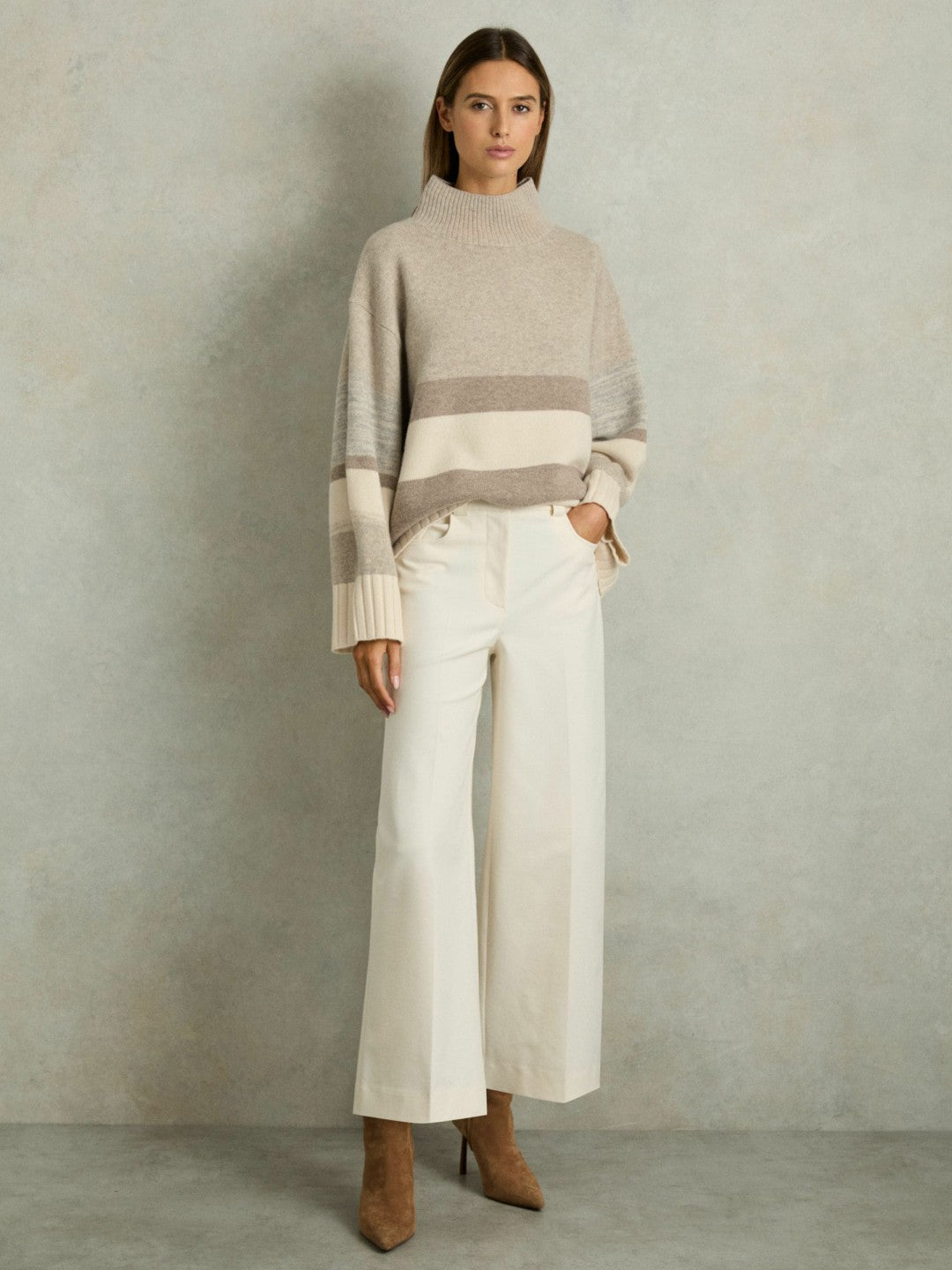 Reiss | Wool Funnel-Neck Striped Jumper in Neutral