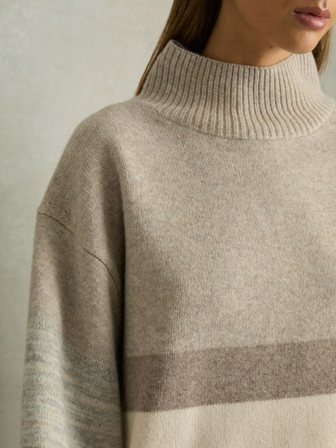 Reiss | Wool Funnel-Neck Striped Jumper in Neutral