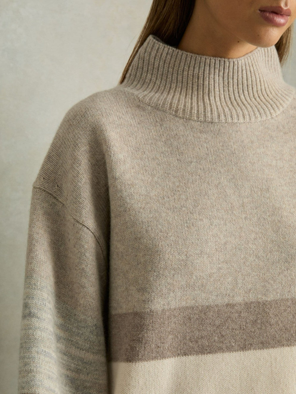 Reiss | Wool Funnel-Neck Striped Jumper in Neutral