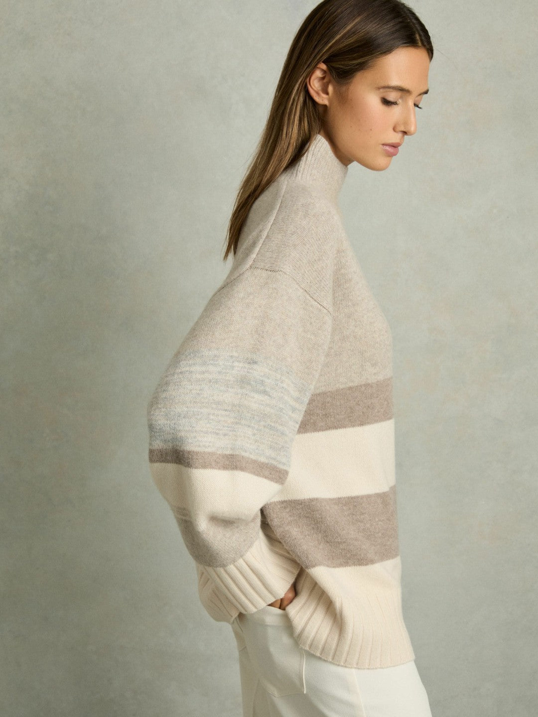 Reiss | Wool Funnel-Neck Striped Jumper in Neutral
