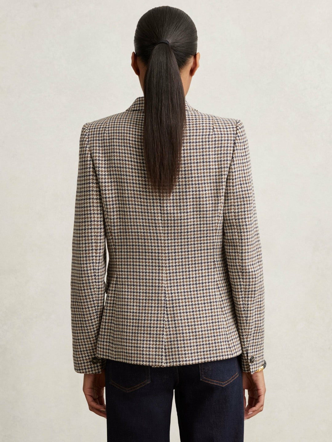 Reiss | Petite Cotton-Linen Double-Breasted Houndstooth-Check Blazer in Navy Neutral Check