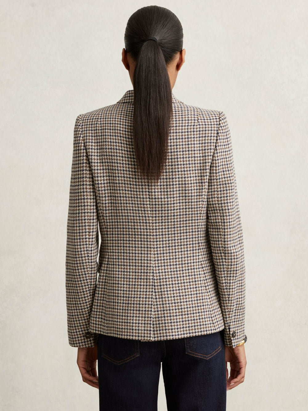 Reiss | Petite Cotton-Linen Double-Breasted Houndstooth-Check Blazer in Navy Neutral Check