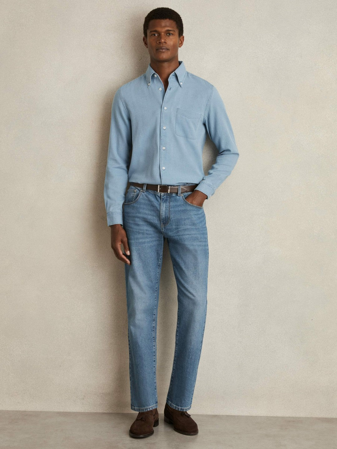 Reiss | Cotton-Piqué Button-Down Chambray Shirt in Washed Blue