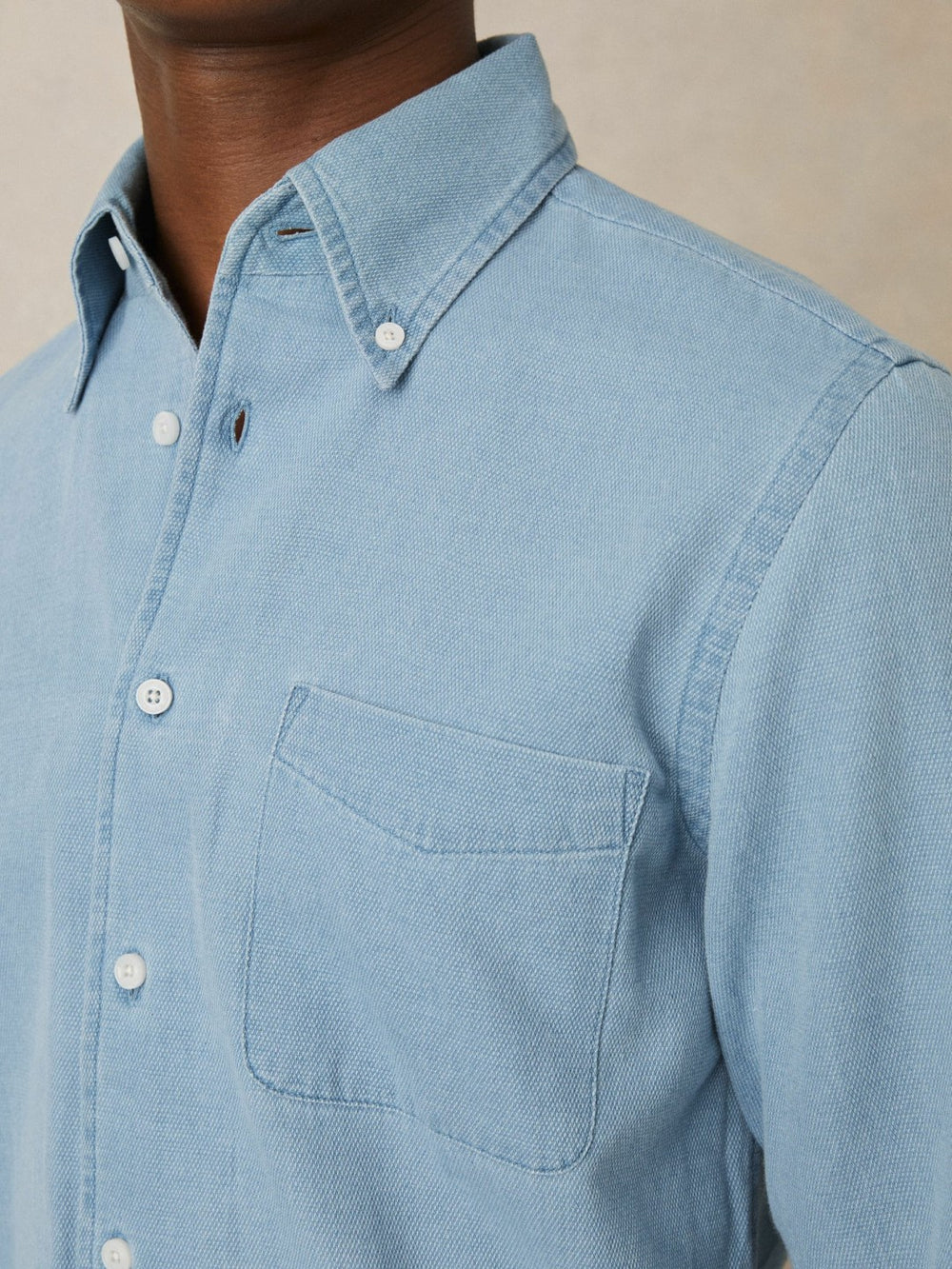 Reiss | Cotton-Piqué Button-Down Chambray Shirt in Washed Blue
