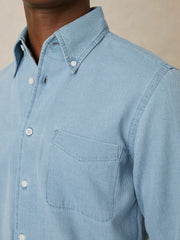 Reiss | Cotton-Piqué Button-Down Chambray Shirt in Washed Blue