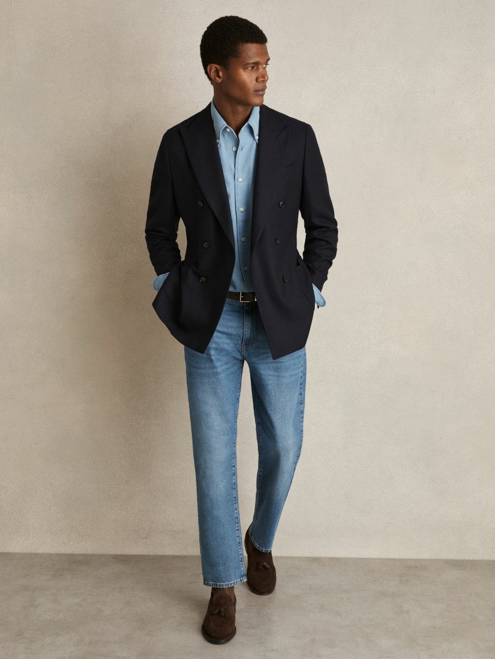 Reiss | Cotton-Piqué Button-Down Chambray Shirt in Washed Blue
