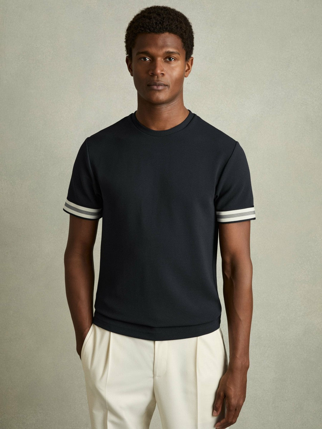 Reiss | Tape-Cuff Textured T-Shirt in Navy