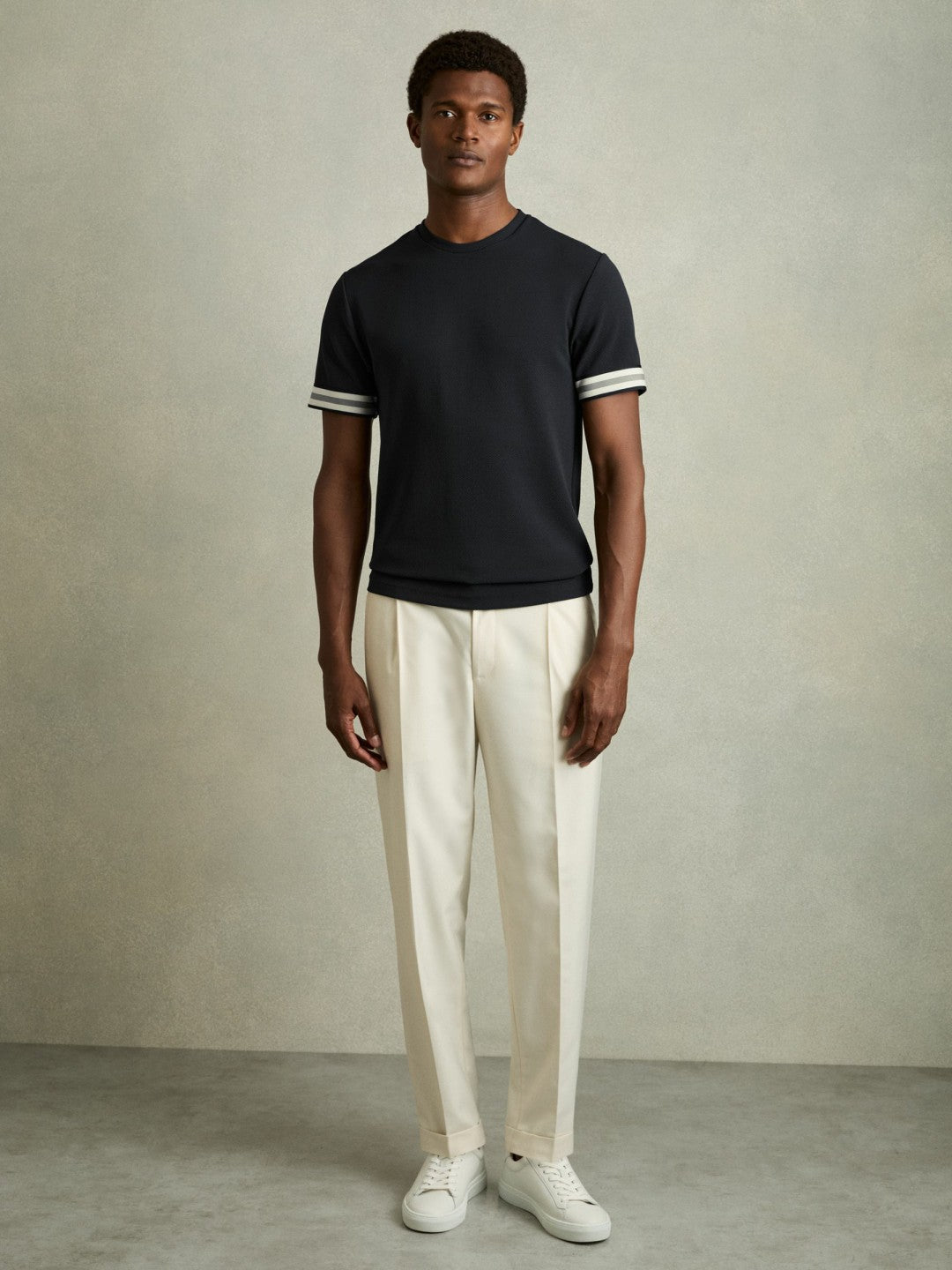 Reiss | Tape-Cuff Textured T-Shirt in Navy