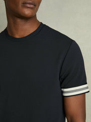 Reiss | Tape-Cuff Textured T-Shirt in Navy