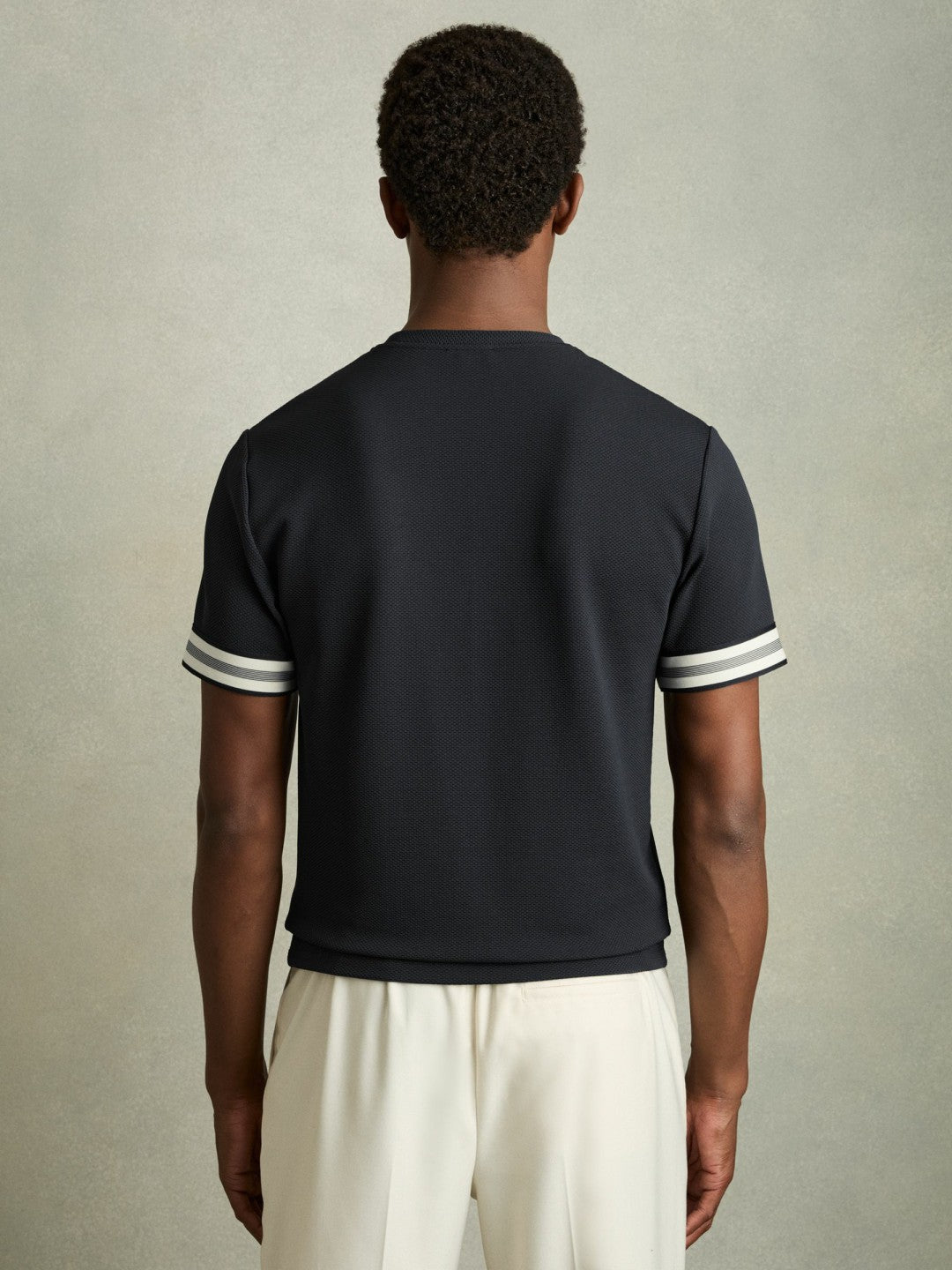 Reiss | Tape-Cuff Textured T-Shirt in Navy