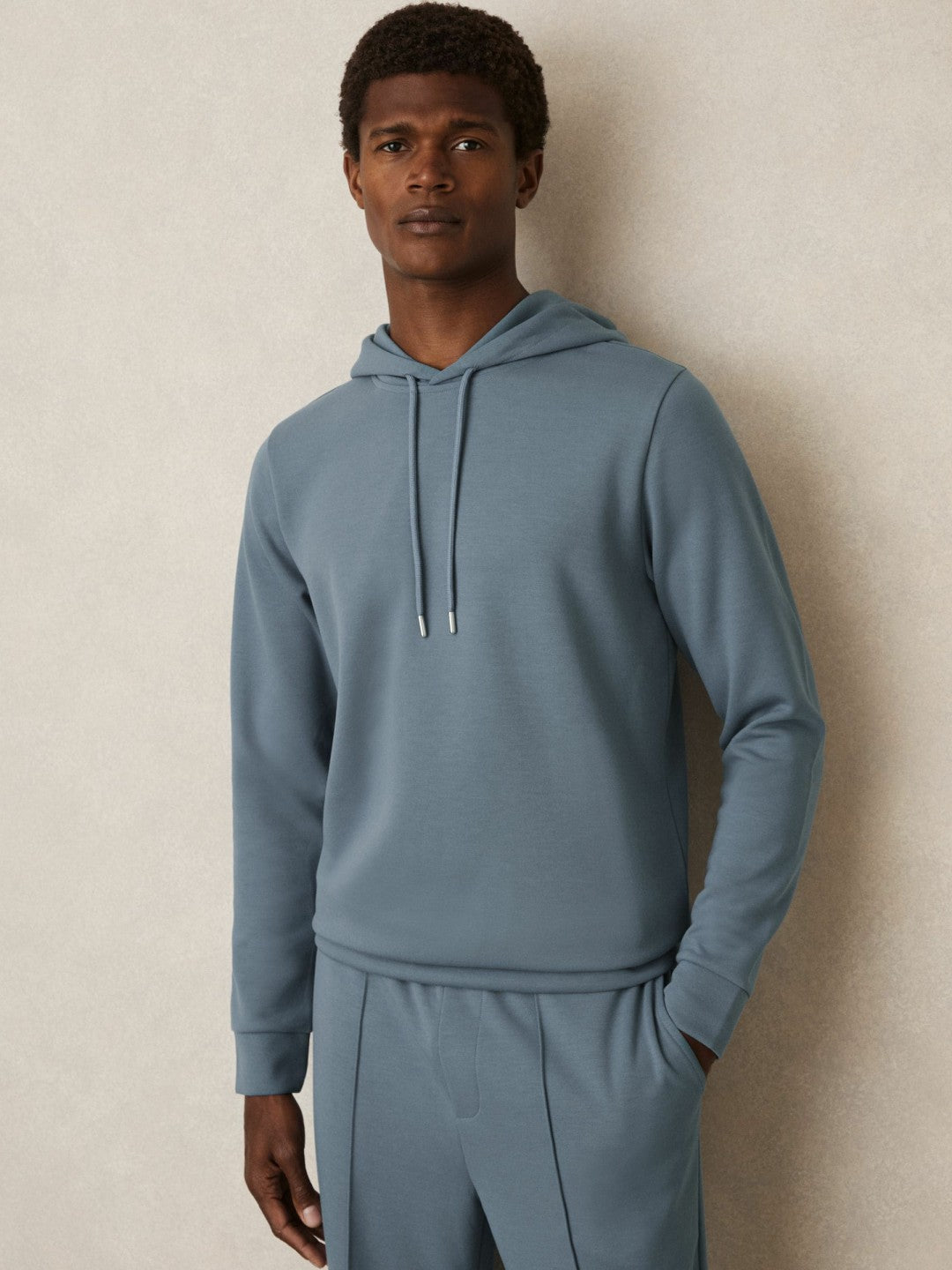 Reiss | Interlock Jersey Drawstring Hoodie in Airforce Blue