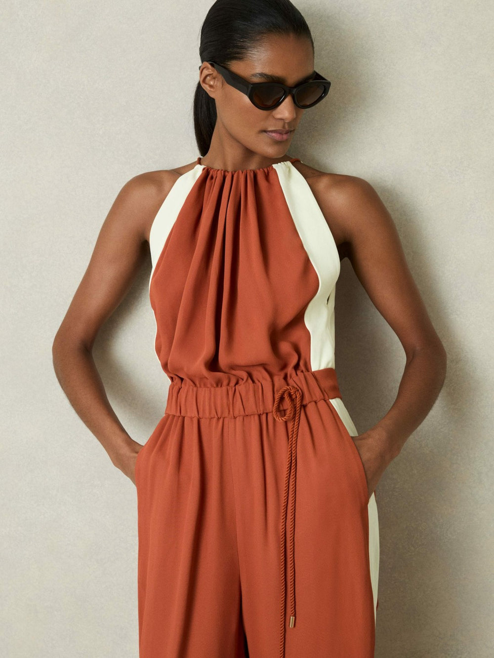 Reiss | Colour-Block Rope-Cord Jumpsuit in Orange