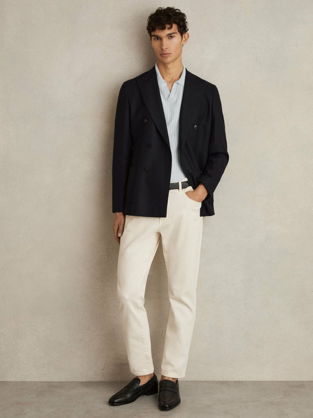 Reiss | Open-Collar Textured Polo Shirt in Soft Blue/White