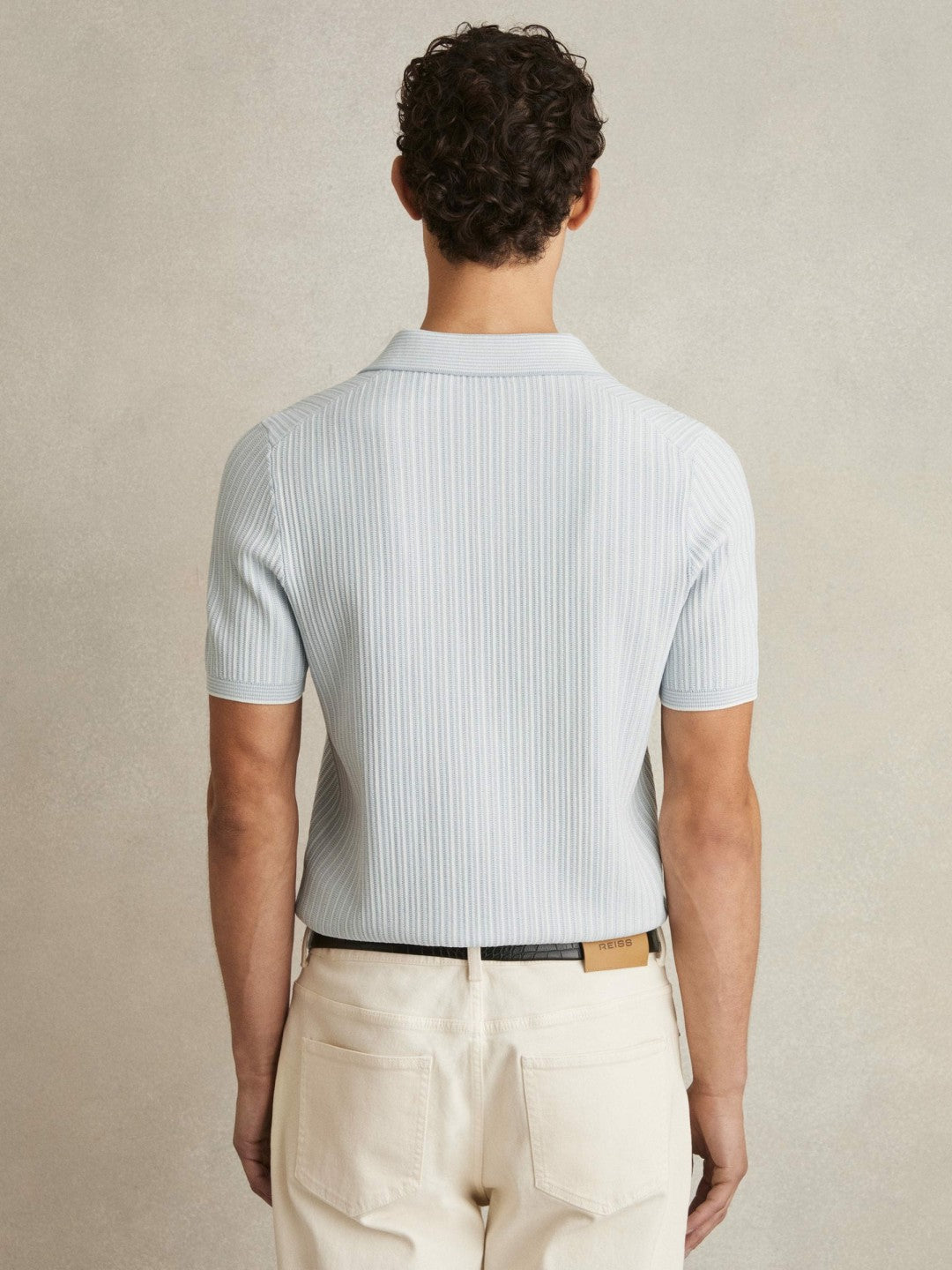 Reiss | Open-Collar Textured Polo Shirt in Soft Blue/White
