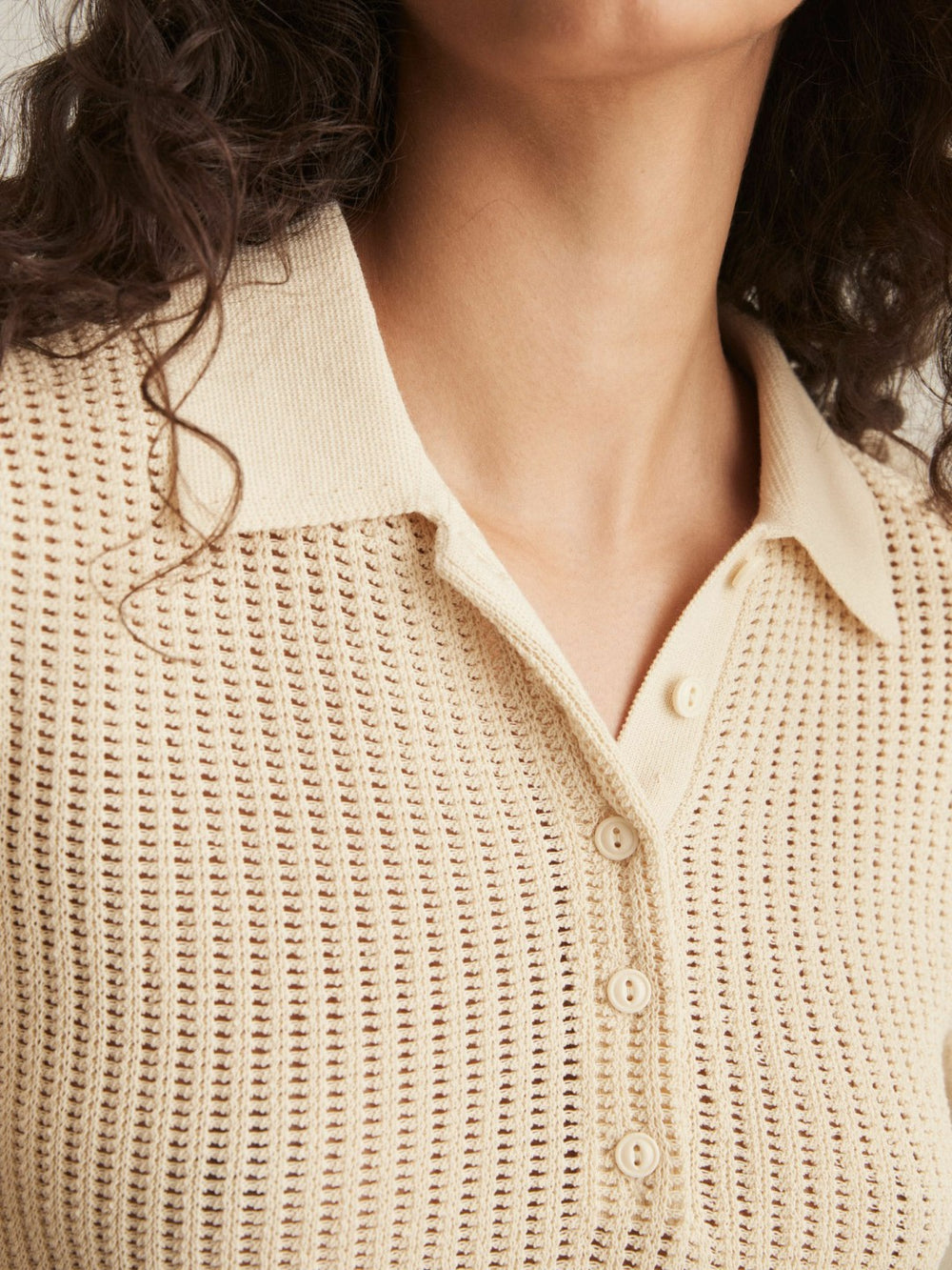 Reiss | Cotton-Blend Open-Knit Polo Shirt in Ivory
