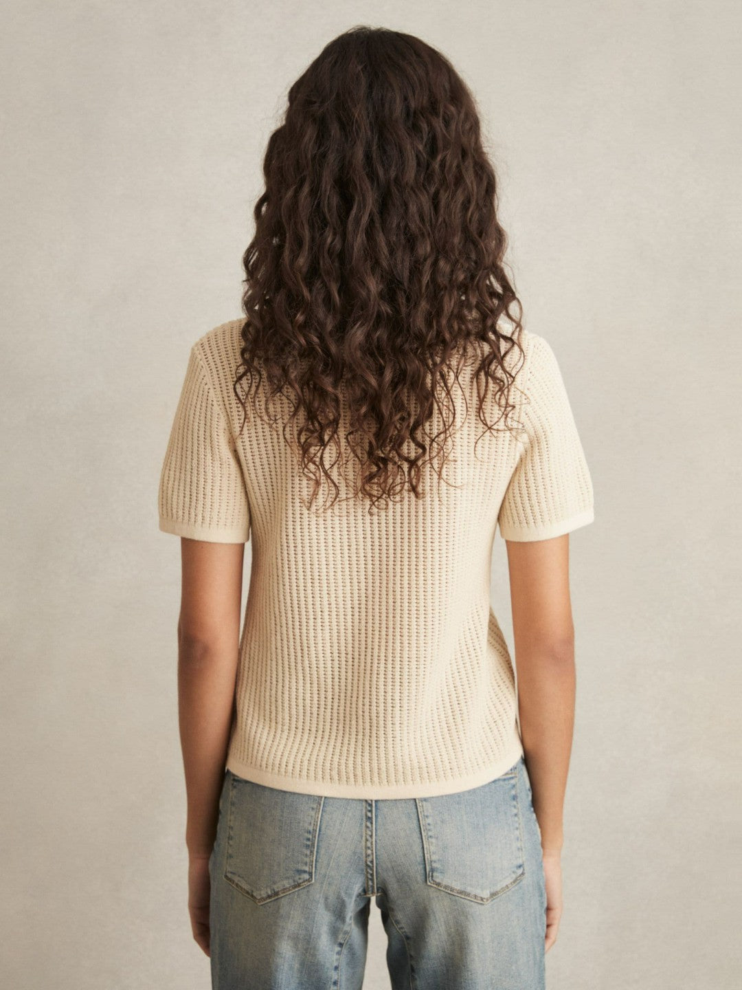 Reiss | Cotton-Blend Open-Knit Polo Shirt in Ivory