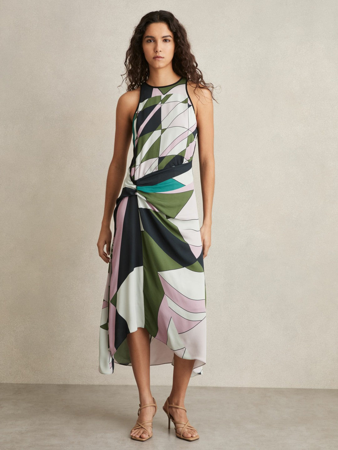 Reiss | Geometric-Print Gathered Midi Dress in Green