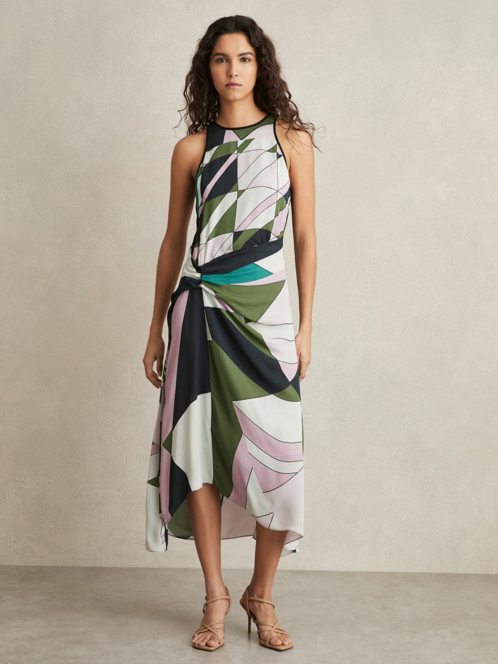 Reiss | Geometric-Print Gathered Midi Dress in Green