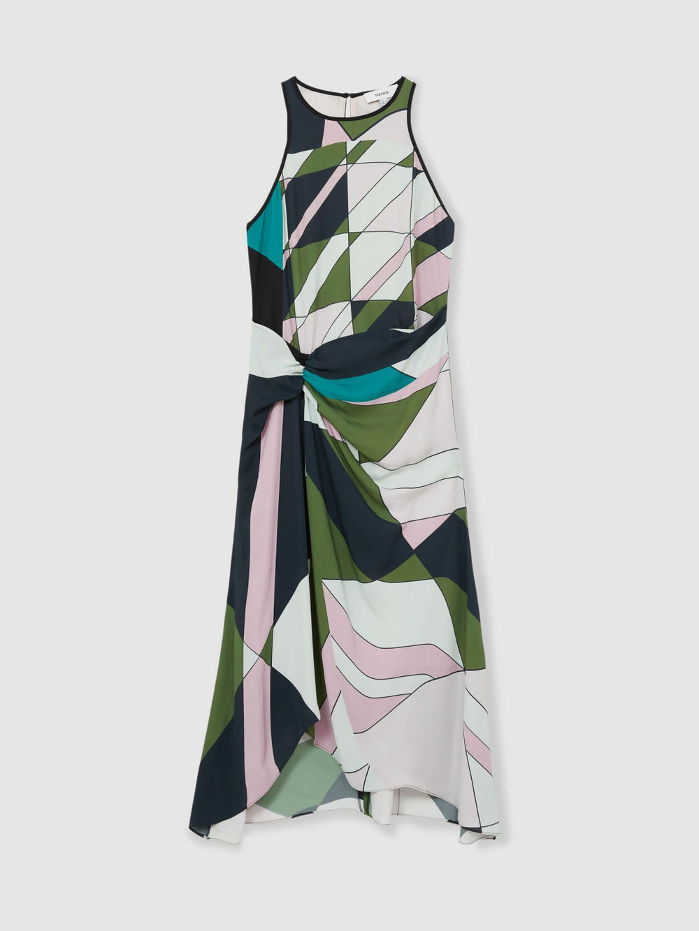 Reiss | Geometric-Print Gathered Midi Dress in Green