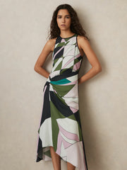 Reiss | Geometric-Print Gathered Midi Dress in Green