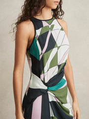 Reiss | Geometric-Print Gathered Midi Dress in Green