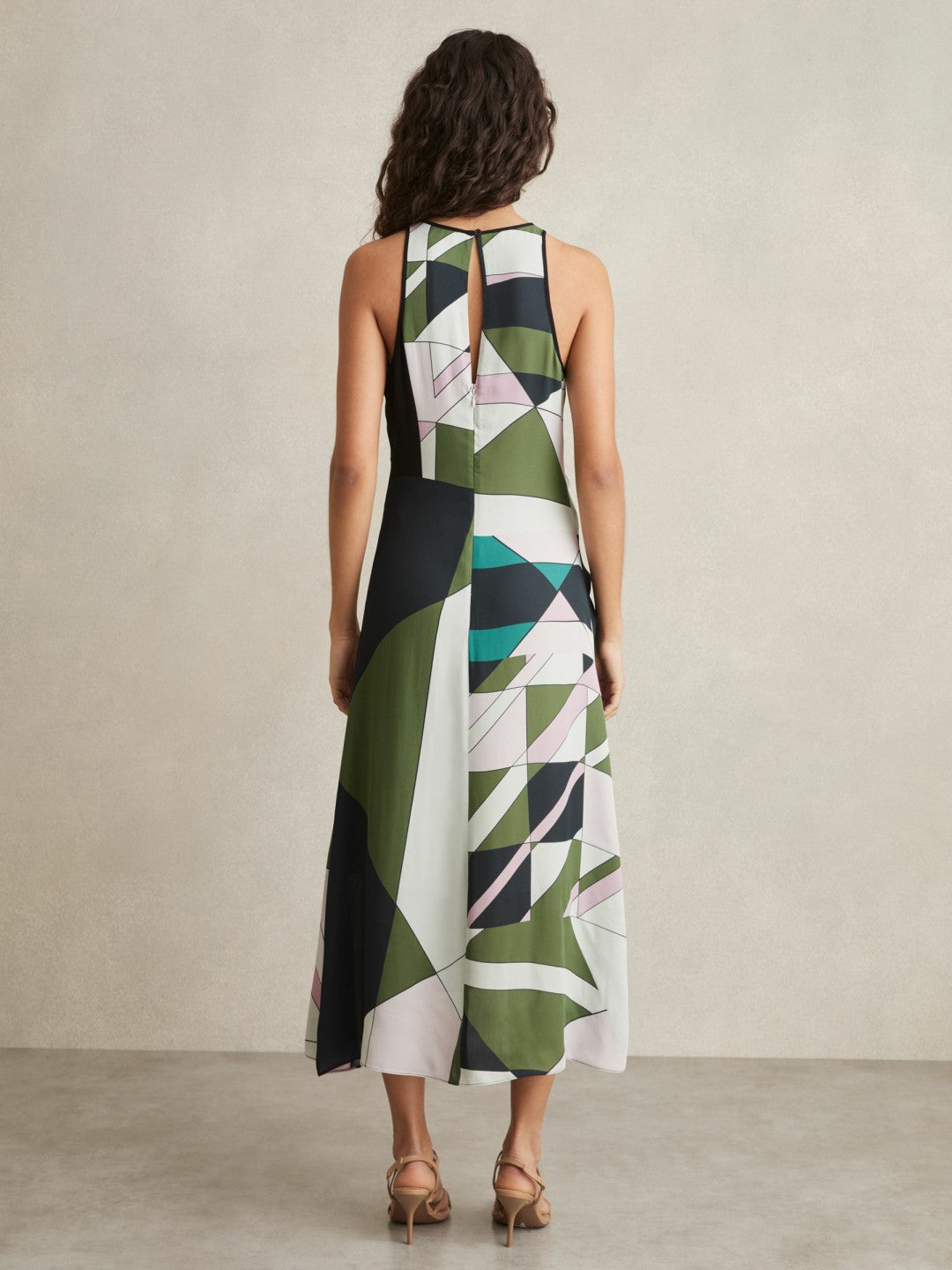 Reiss | Geometric-Print Gathered Midi Dress in Green