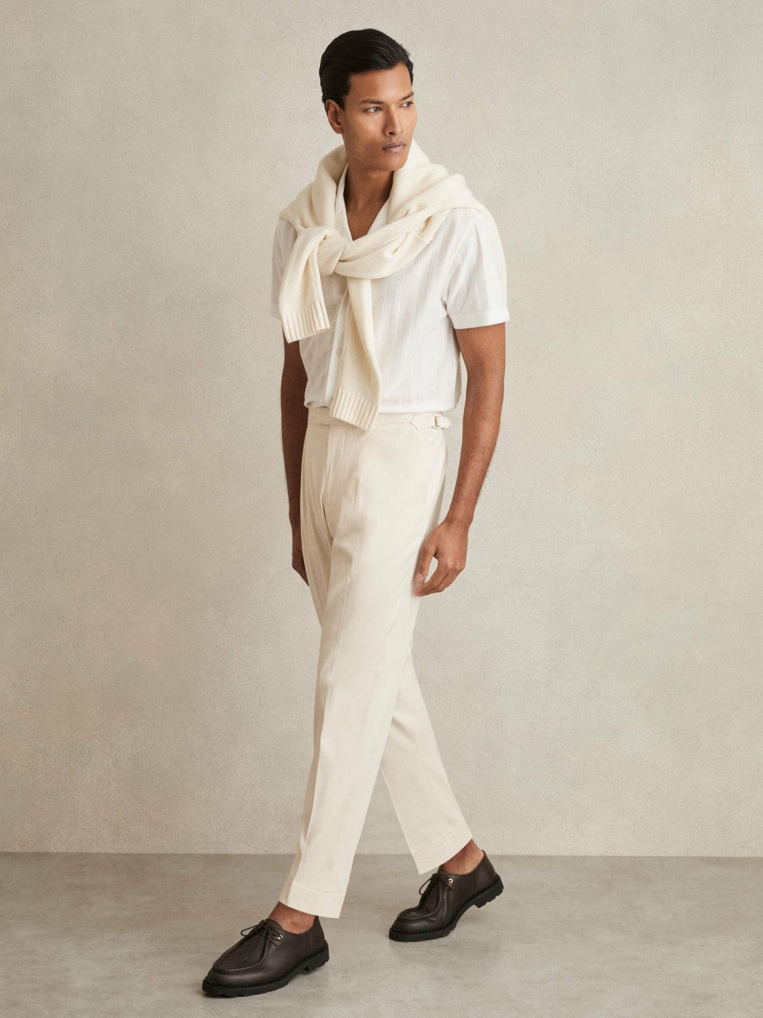 Reiss | Cotton-Blend Tapered Trousers in Stone