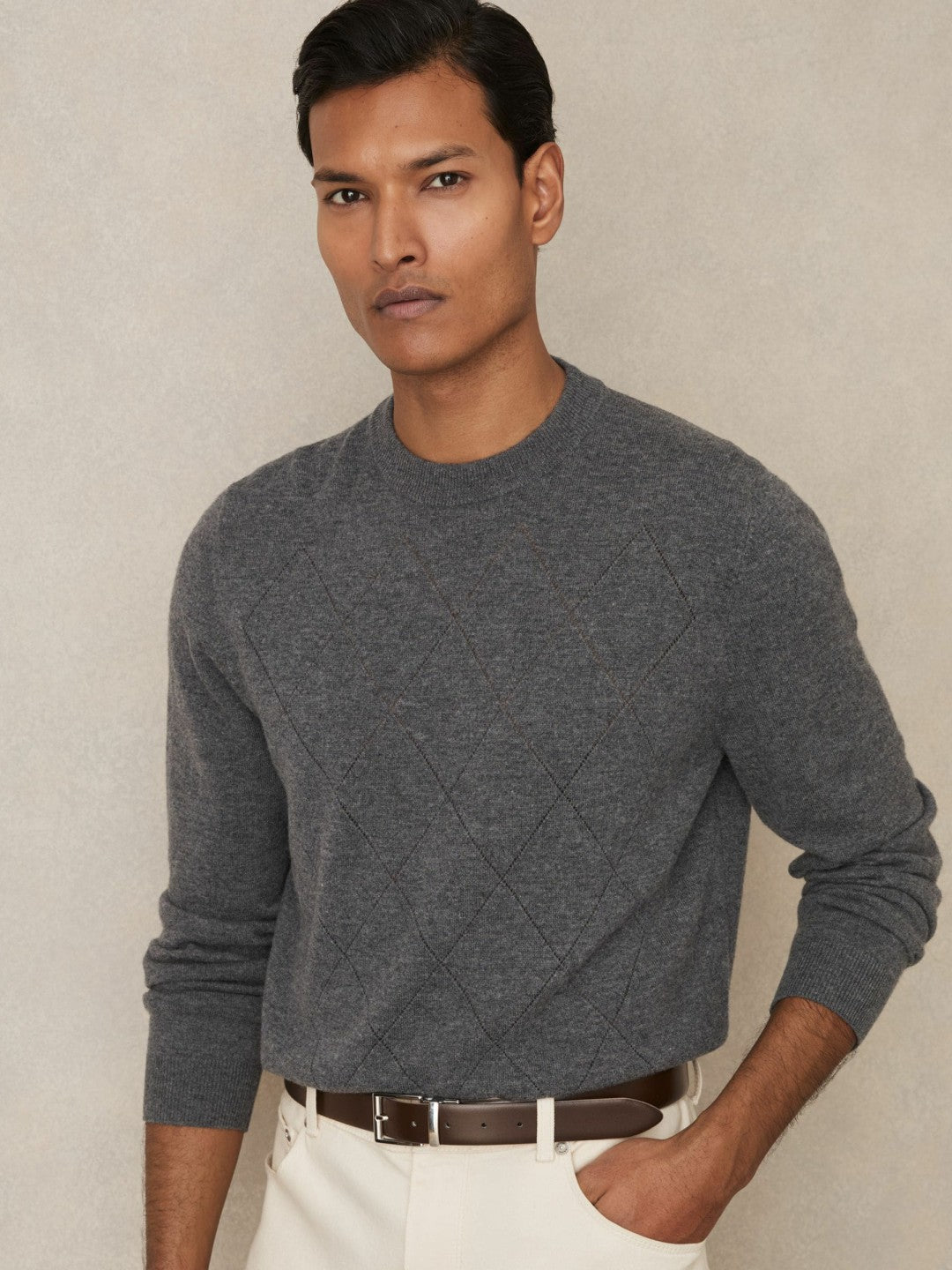 Reiss | Leather Reversible Belt in Stone/Dark Brown