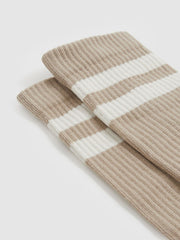 Reiss | Cotton-Blend Double-Stripe Socks in Taupe/Ecru