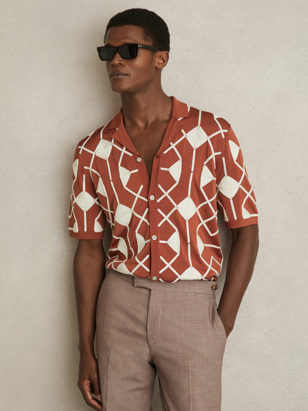 Reiss | Geometric Embroidery Knit Shirt in Paprika Red