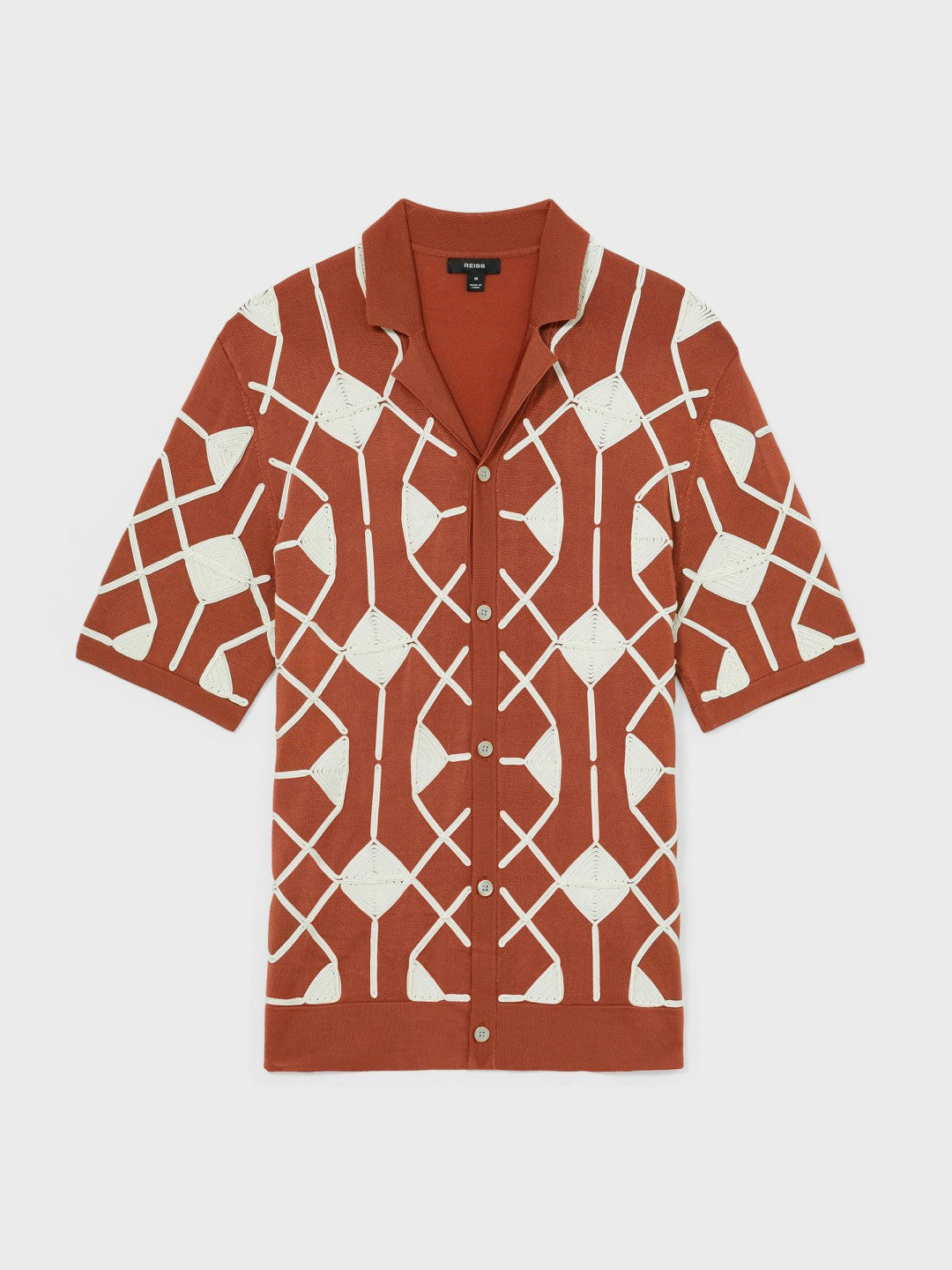 Reiss | Geometric Embroidery Knit Shirt in Paprika Red