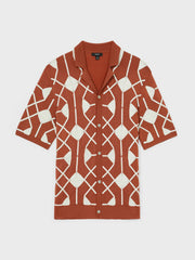 Reiss | Geometric Embroidery Knit Shirt in Paprika Red