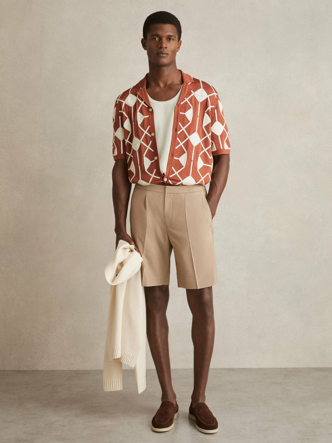 Reiss | Geometric Embroidery Knit Shirt in Paprika Red