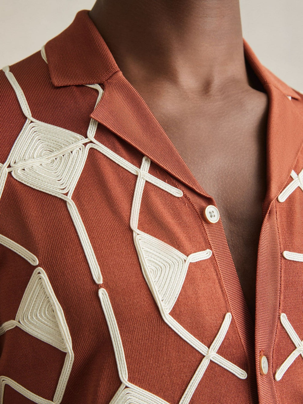 Reiss | Geometric Embroidery Knit Shirt in Paprika Red
