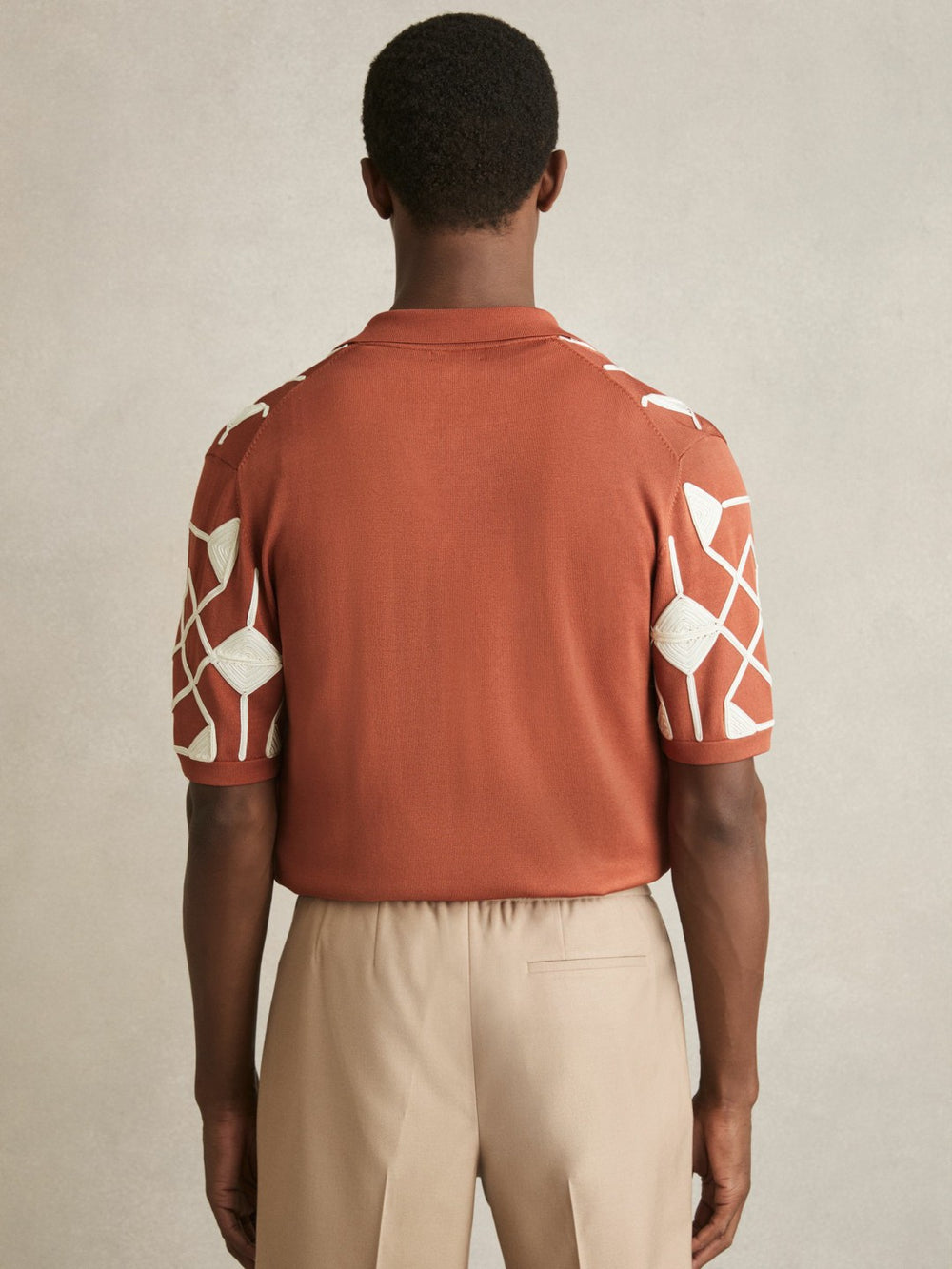 Reiss | Geometric Embroidery Knit Shirt in Paprika Red