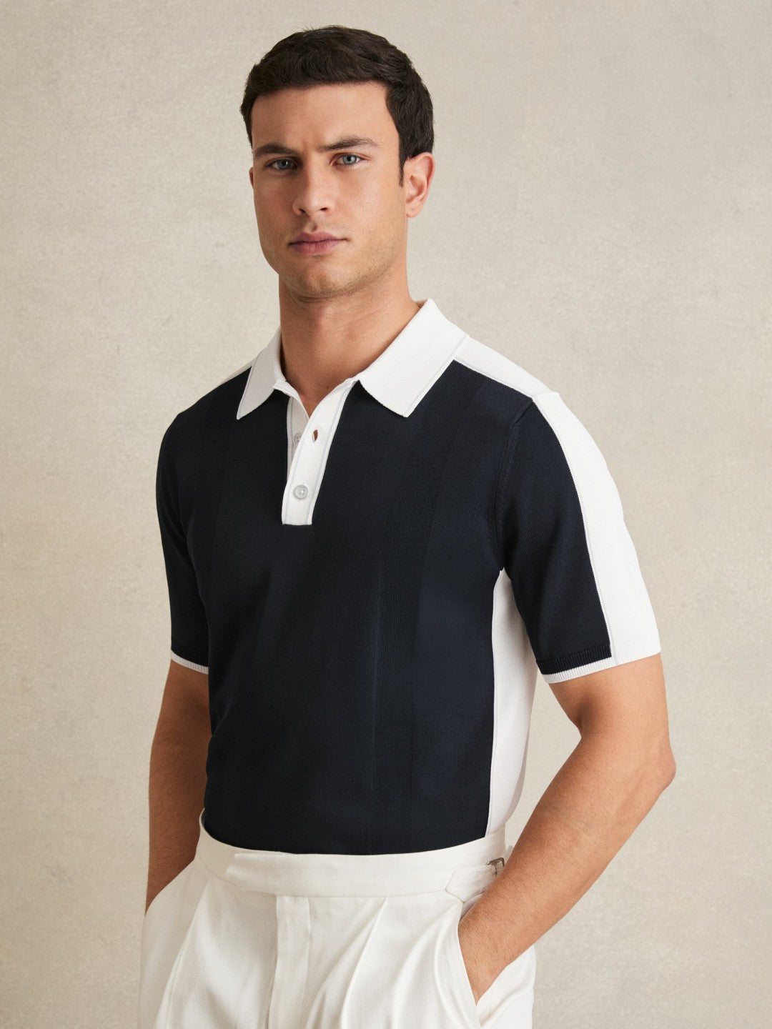 Reiss | Colour-Block Knit Polo Shirt in Navy/White