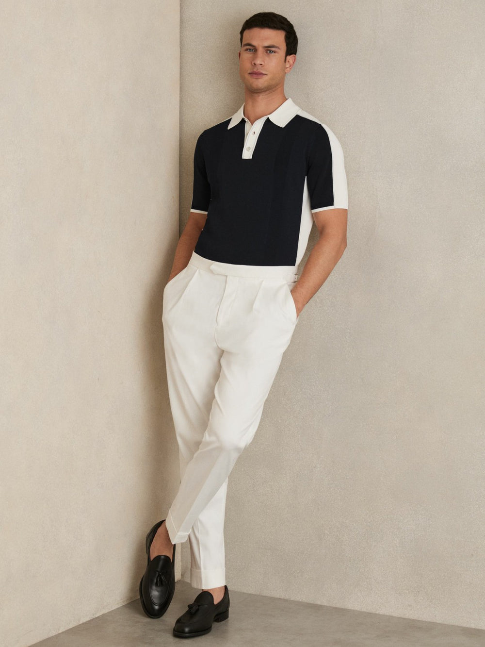 Reiss | Colour-Block Knit Polo Shirt in Navy/White