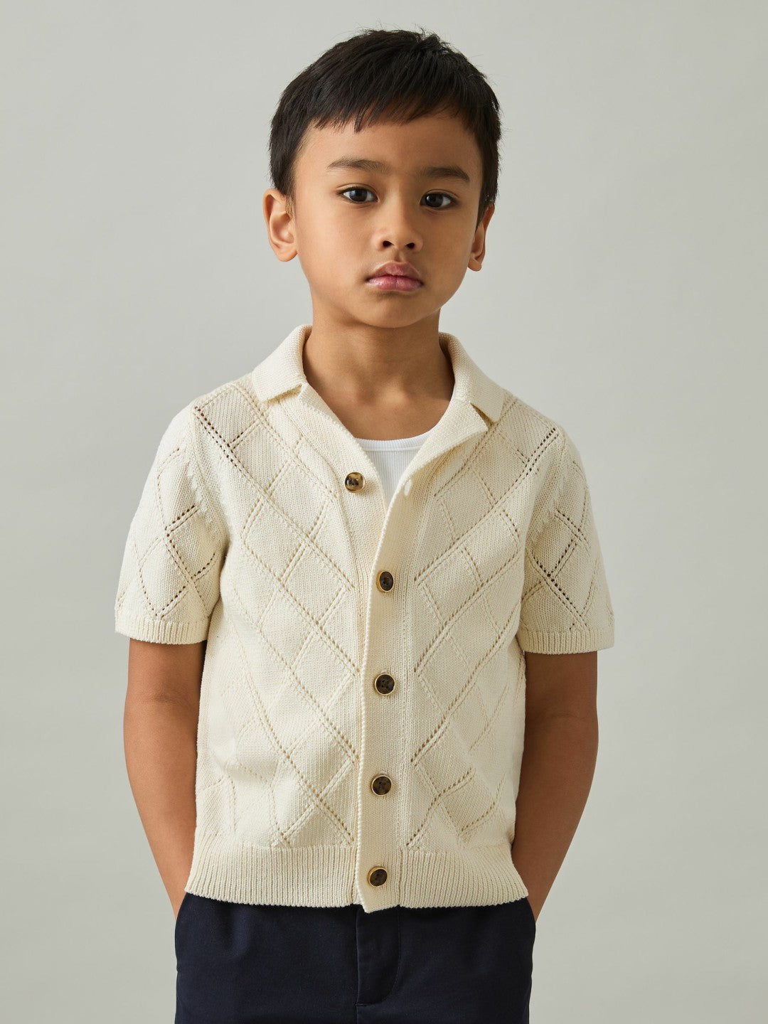 Reiss | 3-9 yrs Cotton Blend Diamond Knit Shirt in Off White