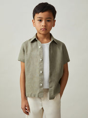 Reiss | 3-9 yrs Short Sleeve Linen Shirt in Thyme Green